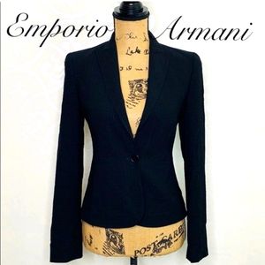 EMPORIO ARMANI WOVEN BLACK WOOL LINEN BLEND BLAZER WITH POCKETS SIZE 2